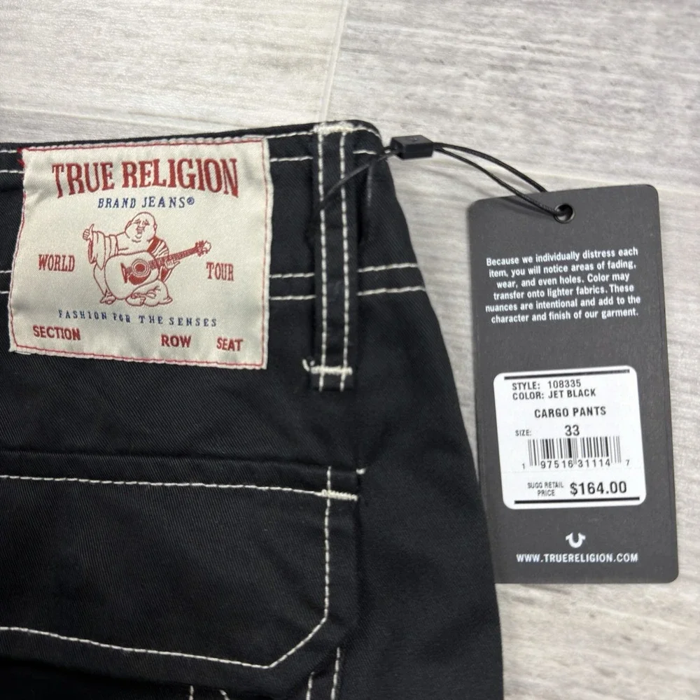 $164 True Religion Cargo Pants Mens 33 x 32 Jet Black Straight Leg Carpenter NWT
